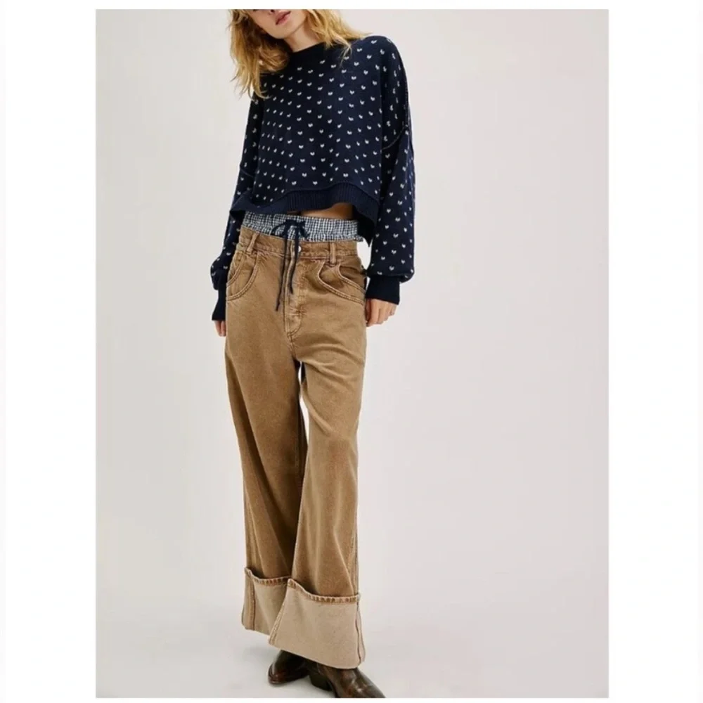 NWT Free People Easy Street Patterned Crop Pullover‎ Blue and White Sweater